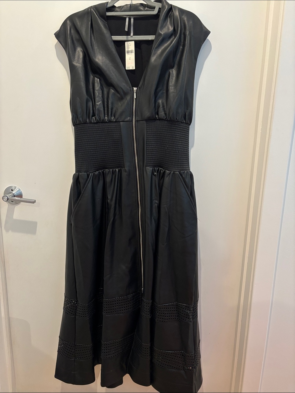 Anthropologie Black Faux Leather Midi Dress with Zip